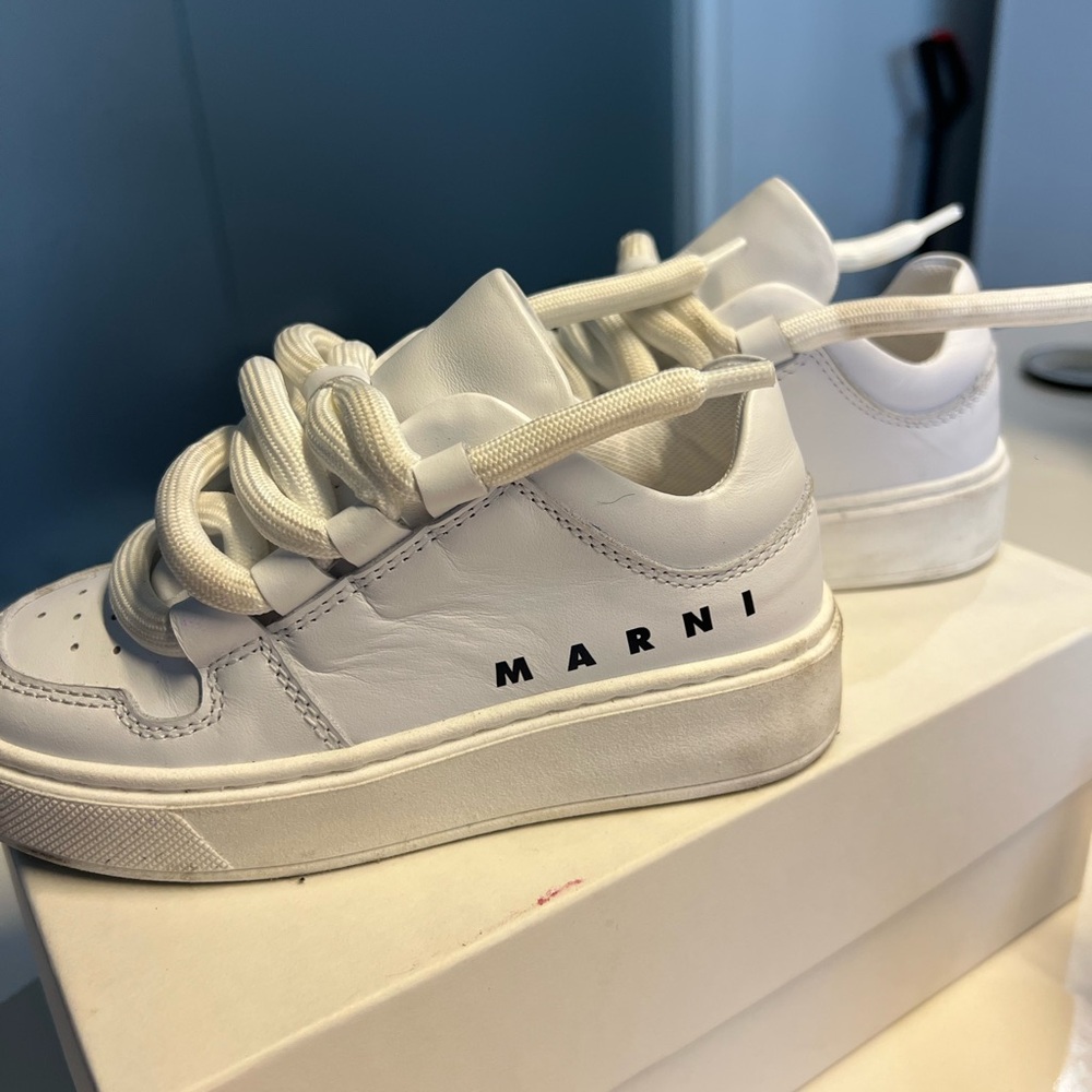 Marni Kids Logo Printed White Leather Lace Up Sneakers Size 27 EU / 10c